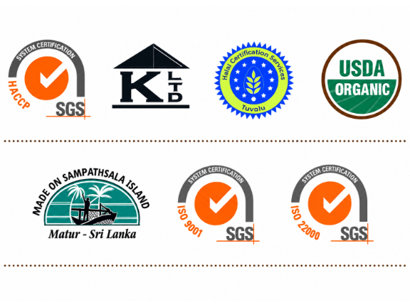 Quality certifications held by Link Natural Products, including SGS, KLBD Kosher, USDA Organic and the Department of Ayurveda, Sri Lanka