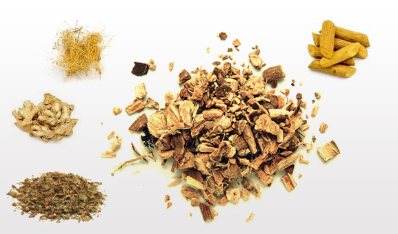 Dried roots, bark and herb pieces used in Ayurvedic preparation